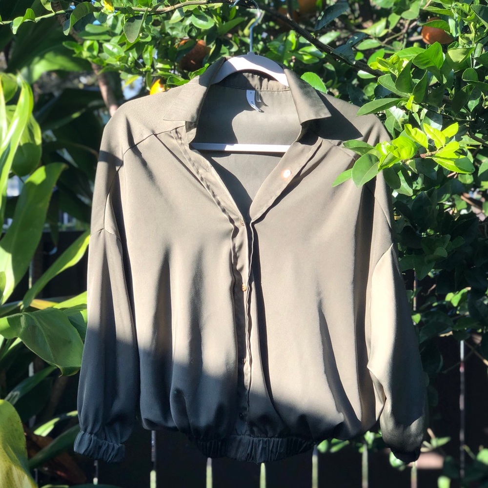 Green Satin Button Down Blouse